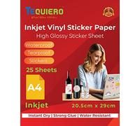 TeQuiero Vinyl Sticker Paper for Inkjet Printer High Glossy, Waterproof, Tear Resistant, Instant Dry, for DIY Stickers Printing Art, Self Adhesive Photo Sheets - 25 Sheets A4 Size