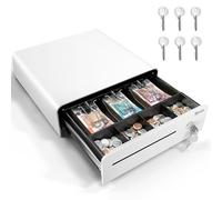 Tera Cash Register Drawer 13 inch: Auto Open with 6 Keys Heavy Duty 3 Bill 4 Coin Removable Cash Tray Media Slot 24V RJ12 Key-Lock Round Corner for POS System Small Businesses Retail 335R White