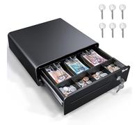 Tera Cash Register Drawer 13 inch: Auto Open with 6 Keys Heavy Duty 3 Bill 4 Coin Removable Cash Tray Media Slot 24V RJ12 Key-Lock Round Corner for POS System Small Businesses Retail 335R Black