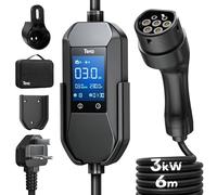 Tera EV Charger 3 Pin Plug: 6M 3kW Type 2 Charging Cable 6-13A Portable IP66 Electric Car Charger with 2.8'' LCD Display 5H Delay Time with Cable Holder & Bag for Home Outdoor Charging P06