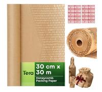 Tera Honeycomb Packaging Paper Roll: 30 cm x 30 m 80gsm Eco Friendly Kraft Wrapping Paper Recyclable Honeycomb Cushioning Wrap with 20 Fragile Sticker Labels for Packing Shipping Moving Packaging