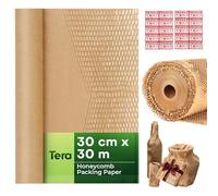 Tera Honeycomb Paper Packaging Material Roll Kraft Paper: 30 cm × 30 m 80gsm with 20 Fragile Stickers 1.6 × Stretchy Environmentally Friendly Recyclable Biodegradable Packing for Packing Moving