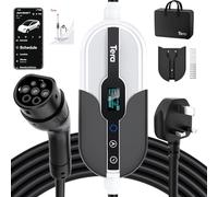 Tera Type 2 EV Charger Portable: Smart APP 230V 3kW Wall Connector UK 3 Pin Plug 6/8/10/13A Wi-Fi & BT Enabled 7 Meter Cable 12 Hours Delay Timer with Controllable Digital Display (White)