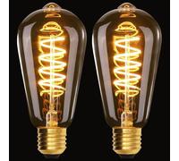 Terafeels 2 Pack E27 Vintage LED Light Bulbs, ST64, 4W, Spiral Filament, 2700K Warm White Glow, Amber Glass, Dimmable Edison Screw in Light Bulb