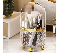 Terafeels Makeup Brush Holder with Dustproof Lid 360 Rotating Make Up Organiser for Vanity Table Bedroom Bathroom Cosmetics Box for Women Girls, 8101