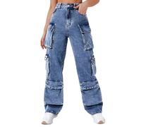 TERAZUNO Women High Waist Cargo Jeans Straight Wide Leg Baggy Denim Pants Y2k Aesthetic Retro Jeans 90s Streetwear Fashion Multiple Pockets Relaxed Fit Boyfriend Washed Jeans(XXL)