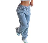 TERAZUNO Women's Low Waist Jeans Straight Wide Leg Baggy Denim Pants Y2k Loose Vintage Jeans 90s Leisure Fashion Hip Hop Jeans with Pocket Relaxed Fashionable Streetwear(Blue,M)