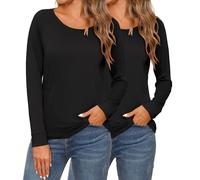 Terecey 2-Pack Women's Shirts Cotton Winter Long Sleeve Base Layer Round Neck Simple Solid Blouse Basic Soft Modal Lightweight Tops for Ladies, Black+Black M
