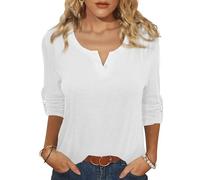 Terecey 3/4 Sleeve Tops for Women UK Button Up V-Neck Blouse Long Sleeve Ladies Basic Casual Tunic Elegant Henley Tops Women White XXL