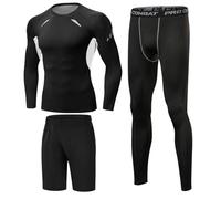 Terecey 3Pcs Compression Running Suits for Men,Mens Compression Tops Long Sleeve+Breathable Compression Leggings+ Men'S Sports Shorts with Pockets,for Running,Fitness,Workout,Training,Gym S-XXL
