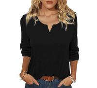 Terecey Womens 3/4 Length Sleeve Button Up Shirts Y2K Tops Basic V-Neck Blouses Casual Trendy Loose Fit Going Out Tops Black L