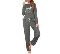 Terecey Women's Pyjama Set Long Sleeve Ladies Cotton Pjs Crew Neck Printed Tops and Pants with Pockets Winter Casual Loungewear for Ladies, Dark Gray L
