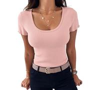Terecey Women's T-Shirts Short Flutter Sleeve Tops Ladies U Neck Slim Fit Tee Going Out Summer Clothes for Casual Dating Work S-2XL Pale Pink