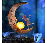 TERESA'S COLLECTIONS 100CM High Moon Solar Lights Outdoor Garden, Metal Lovely Flying Kiss Fairy on Moon Warm LED Garden Light with Crackle Glass Ball for Lawn, Path & Pot, Gifts for Women