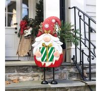 TERESA'S COLLECTIONS 48CM Metal Hand-Painted Christmas Gonk Decoration, Lovely Standing Gonk Ornament, Festive Santa Gonk Holding Present, for Mantel & Porch, Indoor & Outdoor Holiday Decor