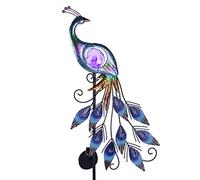 TERESA'S COLLECTIONS Garden Ornaments Outdoor, Metal Peacock Solar Garden Light with Crackle Glass Ball, Decorative Bird Art Solar Lights for Pathway Lawn Yard & Flower Pot, Gifts for Women,32inch
