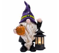 TERESA'S COLLECTIONS Halloween Decorations Garden Gnomes Statues with Solar Lights,Cute Purple Bat Hat Resin Decor with Lantern for Home,Table,Outdoor,Yard,Pumpkin Jack-o-Lanterns,Gifts for Party,8"