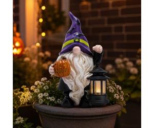 TERESA'S COLLECTIONS Halloween Decorations Garden Gnomes Statues with Solar Lights,Cute Purple Bat Hat Resin Decor with Lantern for Home,Table,Outdoor,Yard,Pumpkin Jack-o-Lanterns,Gifts for Party,8"