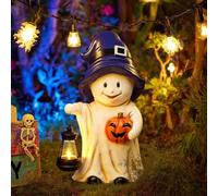 TERESA'S COLLECTIONS Light Up Halloween Ghost Table Decorations, 20CM Resin Solar LED Halloween Ghost Decoration for Home, Lovely Lantern Ghost Holding A Pumpkin Garden Decor Gift for Women