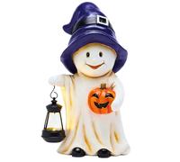 TERESA'S COLLECTIONS Light Up Halloween Ghost Table Decorations, 27CM Resin Solar LED Halloween Decoration for Home, Lovely Lantern Ghost Holding A Pumpkin Garden Decor Gift for Women