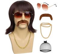 Tereshar 5 Piece Set 70s 80s Disco Wig with Moustache Glasses Golden Chain Wig Cap Men Short Brown Funny Mullet Wigs for 60s Retro Outfit Men Party Hippies
