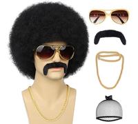 Tereshar Afro Wig for Men 70s Disco Party 5 Pieces Set (Wig + Glasses + Necklace + Moustache + Wig Cap) Afro Black