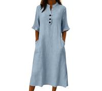 TERHYET Cotton Linen Dresses for Women Summer Solid Color Button Maxi Shirt Dresses Elegant Half Sleeve Casual Tshirt Dress Loose Plain Long A Line Sundresses with Pockets Light Blue