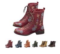 TERHYET Women's Floral Embroidered Ankle Boots Side Zipper Vintage Cowboy Booties with Low Heel Lace Up Western Fall Winter Boho Shoes