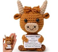 Terilamy Highland Cow Positive Crochet Plush, Handmade Emotional Support Gift with Inspirational Card, Cute Knitted Highland Cow Toy for Women Men Friends, Good Luck Birthday Present & Home Decor
