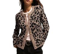 TERIVEEK Leopard Cardigan Sweaters for Women Cheetah Print Open Front Button Down Long Sleeve Casual Knit Outwear Coats, Coffee Grey, Small