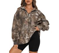 TERIVEEK Women Camo Half Zip Fleece Sweatshirt Oversized Maple Leaf Print Mock Neck Long Sleeve Pullover Hunting Hoodies, Dark Brown, Large
