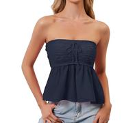 TERIVEEK Women Floral Print Strapless Crochet Babydoll Top Y2K Cute Sleeveless Bandeau Tube Flowy Going Out Peplum Tops, Navy Blue, S