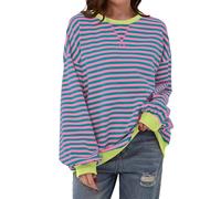 TERIVEEK Women Oversized Striped Color Block Long Sleeve Crew Neck Casual Loose Sweatshirt Y2K Shirt, pink, XL