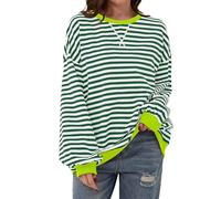 TERIVEEK Women Oversized Striped Color Block Long Sleeve Crew Neck Sweatshirt Casual Loose Pullover Y2K Shirt Top, Green White, XL