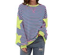 TERIVEEK Women Oversized Striped Color Block Long Sleeve Crew Neck Sweatshirt Casual Loose Pullover Y2K Shirt Top, Pink Green Star, Large