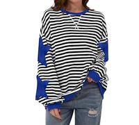TERIVEEK Women Oversized Striped Color Block Long Sleeve Crew Neck Sweatshirt Casual Loose Pullover Y2K Shirt Top, Black White Star, XL