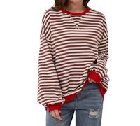 TERIVEEK Women Oversized Striped Color Block Long Sleeve Crew Neck Sweatshirt Casual Loose Pullover Y2K Shirt Top, Brown, Large