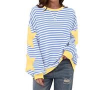 TERIVEEK Women Oversized Striped Color Block Long Sleeve Crew Neck Sweatshirt Casual Loose Pullover Y2K Shirt Top, Blue White Star, Medium