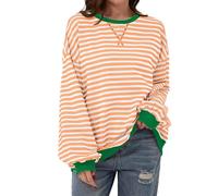 TERIVEEK Women Oversized Striped Color Block Long Sleeve Crew Neck Sweatshirt Casual Loose Pullover Y2K Shirt Top, Orange, Medium