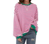 TERIVEEK Women Oversized Striped Color Block Long Sleeve Crew Neck Sweatshirt Casual Loose Pullover Y2K Shirt Top, Rose Red, Medium