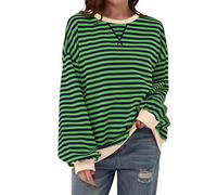 TERIVEEK Women Oversized Striped Color Block Long Sleeve Crew Neck Sweatshirt Casual Loose Pullover Y2K Shirt Top, Grey Green, Medium