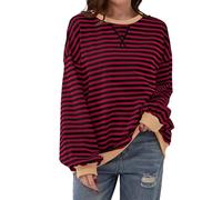 TERIVEEK Women Oversized Striped Color Block Long Sleeve Crew Neck Sweatshirt Casual Loose Pullover Y2K Shirt Top, Burgundy, Large