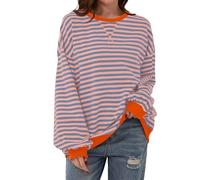 TERIVEEK Women Oversized Striped Color Block Long Sleeve Crew Neck Sweatshirt Casual Loose Pullover Y2K Shirt Top, Pink Blue, Medium