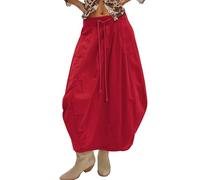 TERIVEEK Women Poplin Midi Skirt Baggy Drawstring Mid Rise Parachute Skirt Y2k Cargo Maxi Long Skirt with Pockets Streetwear, Red, M