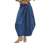 TERIVEEK Women Poplin Midi Skirt Baggy Drawstring Mid Rise Parachute Skirt Y2k Cargo Maxi Long Skirt with Pockets Streetwear, Dark Blue, L