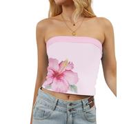 TERIVEEK Women Strapless Reversible Foldover Tube Top Y2K Floral Print Graphic Crop Bandeau Tops Sleeveless Slim Fit Shirt, White, S