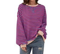 TERIVEEK Women's 2000s Casual Loose Oversized Striped Crewneck Long-Sleeve Sweatshirt, blue red, L