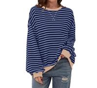 TERIVEEK Women's 2000s Casual Loose Oversized Striped Crewneck Long-Sleeve Sweatshirt, Blue, S