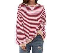 TERIVEEK Women's 2000s Casual Loose Oversized Striped Crewneck Long-Sleeve Sweatshirt, Red/White, S