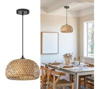 TERLEENART Bamboo Pendant Light,1pcs Boho Round Basket Chandelier Handmade Woven Pendant Light, Natural Bamboo Rattan Hanging Chandelier for Kitchen Island Dining Room Living Room Porch